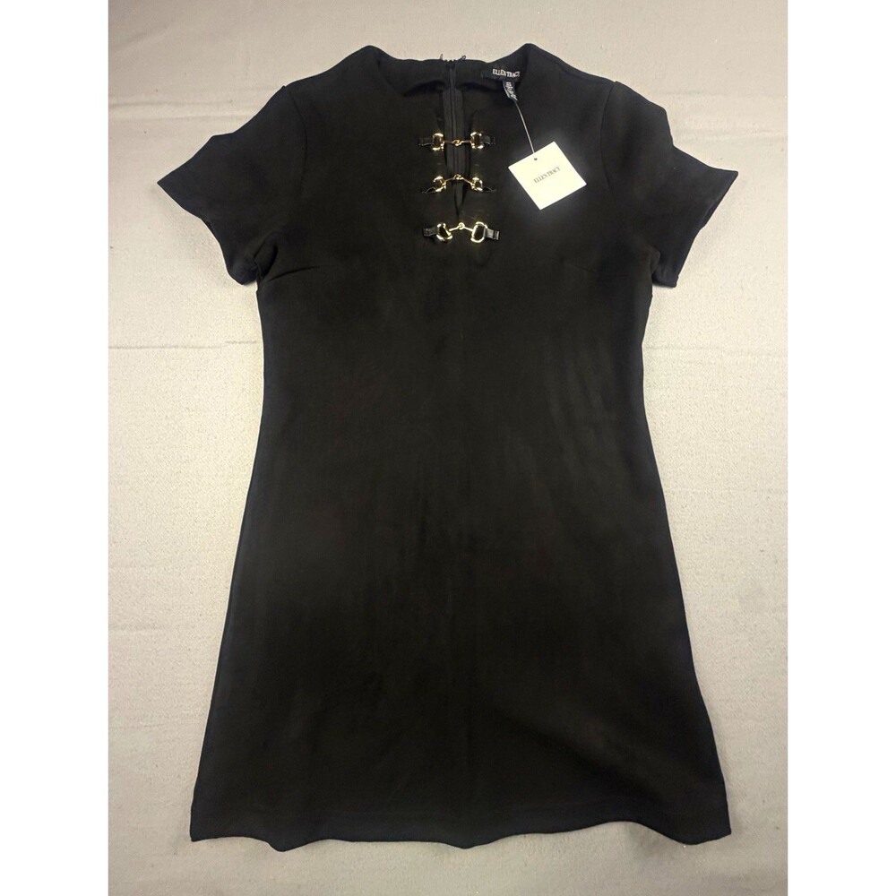 Ellen Tracy Black Solid  faux suedeDress Short Sleeve Round Neck Size M ETKF5087